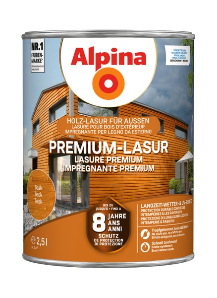 Alpina Premium Lasur Teak Holzlasur für Außen 2,5 Liter Gebinde mit Langzeitschutz gegen Witterung und UV-Strahlung