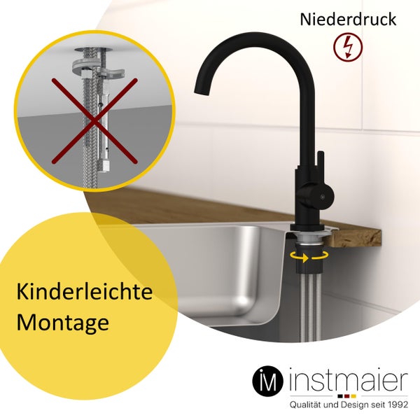 instmaier Niederdruck Küchenarmatur K3 | 360° schwenkbar | Wasserhahn Küche | Spültischarmatur Schwarz Matt | Hoher Auslauf | mit Zentralverschraubung