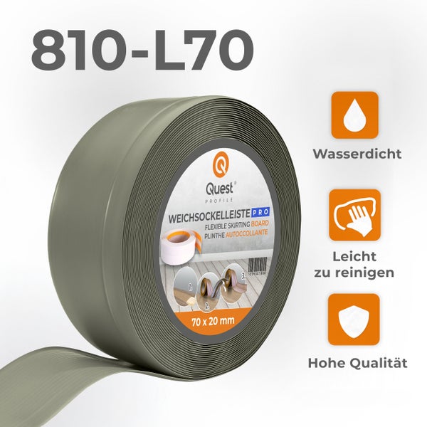 Quest Profile Weichsockelleiste Pro 810-L70 als Rolle, wasserdicht, leicht zu reinigen, 70 mal 20 Millimeter.