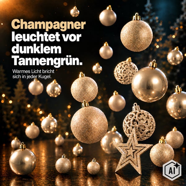 Set aus Christbaumkugeln und einem Stern in champagnerfarben vor verschwommenem Tannenwald mit Lichteffekten.