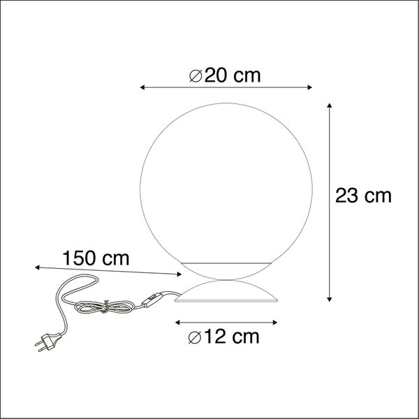 Skizze einer Tischleuchte mit den Maßen: Durchmesser des Lampenschirms 20 cm, Höhe 23 cm und Kabellänge 150 cm