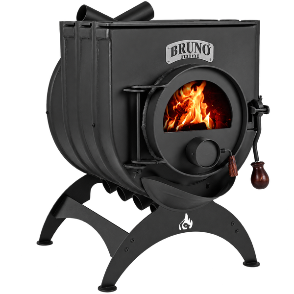 Bruno Mini Kaminofen mit Sichtfenster und brennendem Feuer auf einem stabilen Metallgestell stehend.