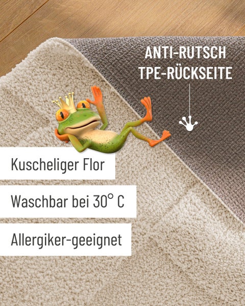 Detailansicht eines Teppichs mit weichem Flor und rutschfester TPE-Rückseite. Waschbar bei 30 Grad und für Allergiker geeignet.