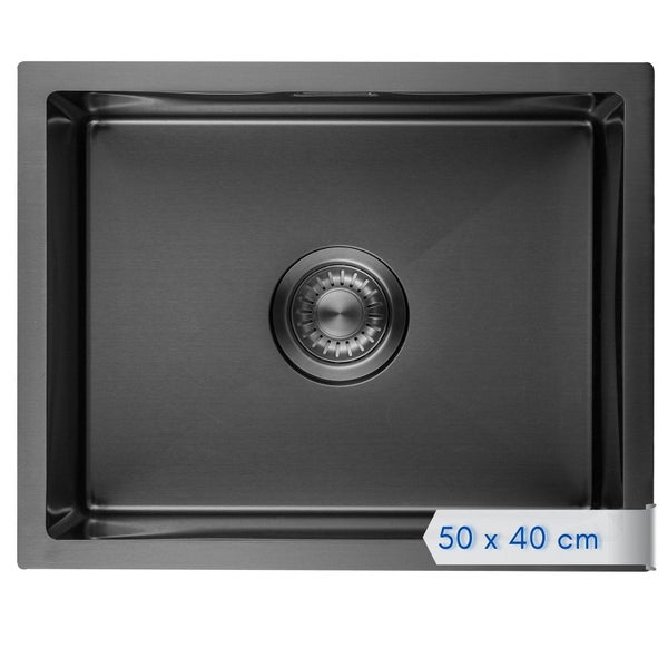 Rechteckige Küchenspüle aus Edelstahl mit Siebkorbventil, Abmessungen 50 x 40 Zentimeter.