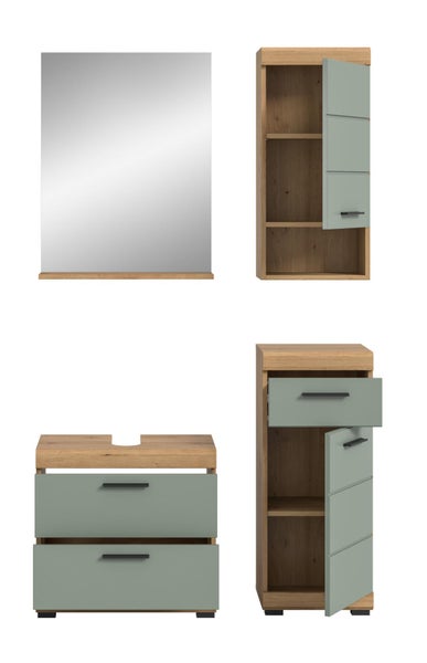 Badezimmermöbel-Set in Eichenoptik mit matten Fronten in Salbeigrün, bestehend aus Spiegel, Hängeschrank, Waschbeckenunterschrank und Hochschrank.