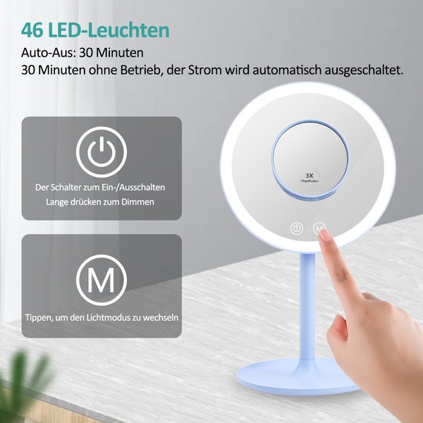 EMKE Kosmetikspiegel mit Beleuchtung ф20cm, Tischspiegel mit Touchschalter, 3 dimmbare Lichtfarben, Blau