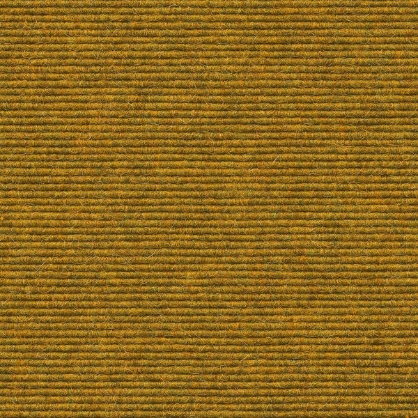 Gelber, gerippter Teppichboden mit horizontal verlaufenden Fasern in der Nahaufnahme.
