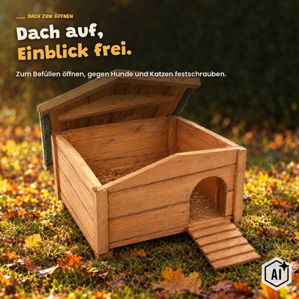Igelhaus aus Holz mit aufklappbarem Dach für den Garten, bietet Unterschlupf und Schutz vor Tieren.