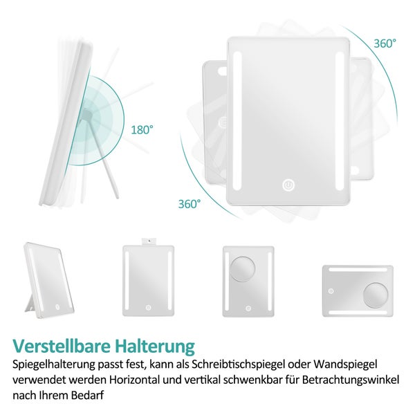 EMKE Kosmetikspiegel mit Beleuchtung 163 x 224 mm, 3-fach Vergrößerung, Kaltweiß, Touch-Schalter, USB/Batterie, Tragbar, Weiß, Horizontal & Vertikal aufstellbar