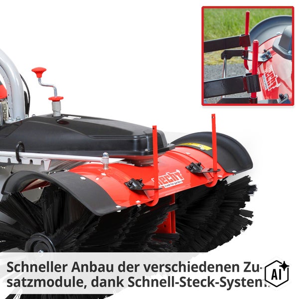 Detailansicht des Schnellstecksystems an einer Kehrmaschine mit Hecht Logo zur einfachen Montage von Zusatzmodulen.