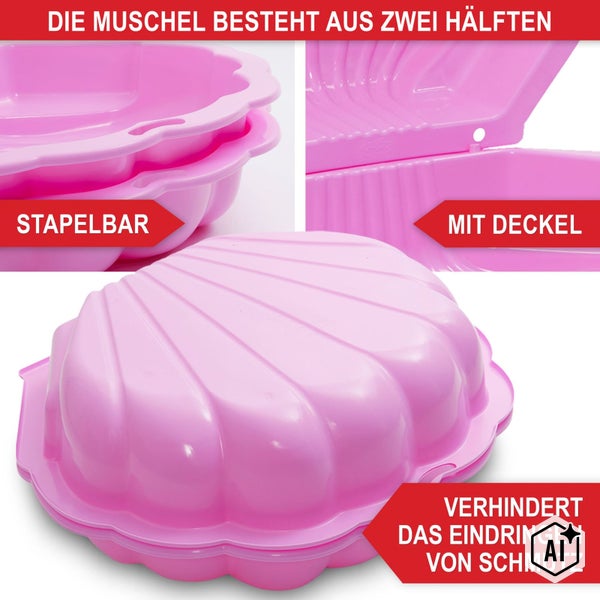 Sandmuschel aus Kunststoff, zweiteilig, als Sandkasten oder Planschbecken nutzbar, stapelbar, mit Deckelschutz gegen Verschmutzung.