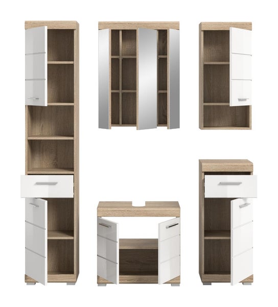 Badezimmer-Möbelset in Eiche-Optik mit weißen Fronten bestehend aus Hochschrank, Spiegelschrank, Hängeschrank, Unterschrank und Waschtischunterschrank.