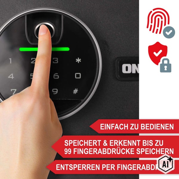 Wandtresor mit Fingerabdruckscanner und Tastenfeld. Finger entsperrt den Tresor. Symbole für Sicherheit, Schloss und Fingerabdruck.