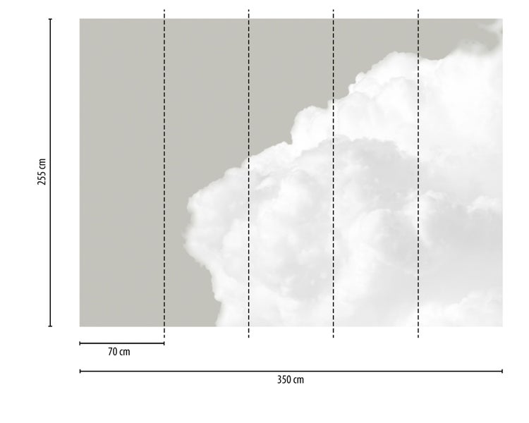 Fototapete mit Wolkenmotiv, Breite 350 Zentimeter, Höhe 255 Zentimeter, bestehend aus 5 Bahnen zu je 70 Zentimeter.