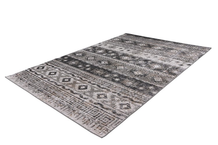 Rechteckiger Teppich mit ethnischem Muster in Grau- und Beigetönen, geometrische Ornamente in Streifenoptik.