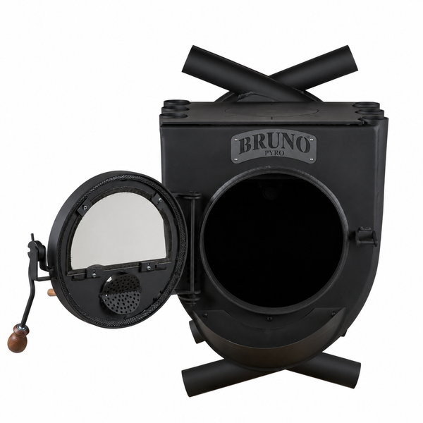 Bruno Pyro Kaminofen aus Stahl mit offener Brennkammer und Sichtfenster