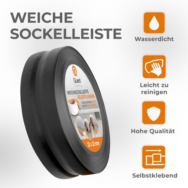 Quest Weichsockelleiste Selbstklebend 32 x 23 mm, PVC Sockelleiste, Flexibel, Schwarz, 5 Meter