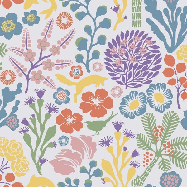 Borastapeter Tapete tropische Blätter und Blüten Lila, Gelb und Blau - 53 cm x 10.05 m - 660795