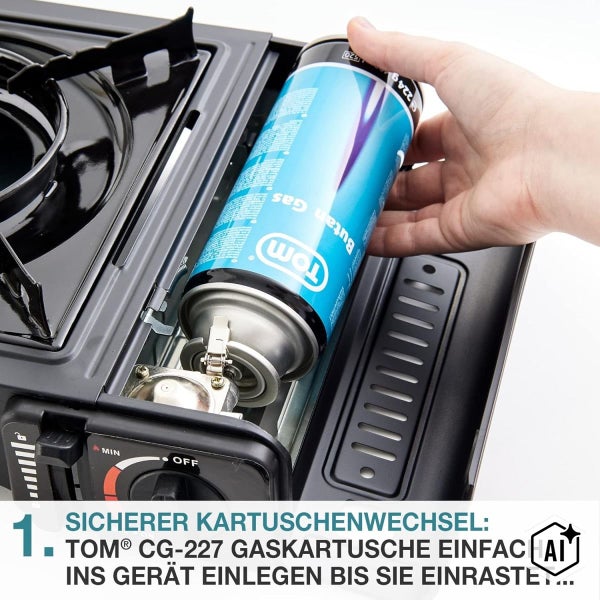 Hand legt Tom Butangas Kartusche in den Gaskocher ein um sie sicher zu verriegeln