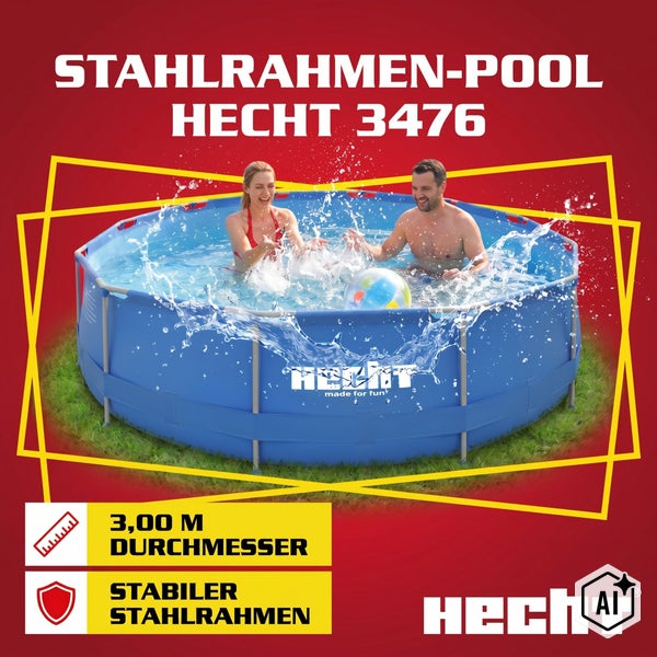 Runder Stahlrahmenpool Hecht 3476 mit 3,00 Meter Durchmesser und stabilem Stahlrahmen, geeignet für den Garten mit badenden Personen.