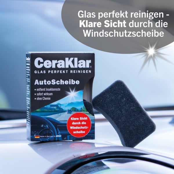 CeraKlar Glasreiniger Set für Autoscheiben mit Reinigungsschwamm für klare Sicht ohne Chemie.