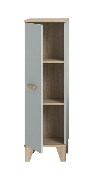 Hoher Badezimmerschrank mit einer Tür und offenen Fächern im Holzdesign mit modernen Standfüßen für Stauraum.