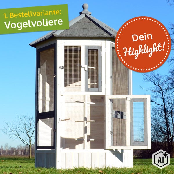 Sechseckige Vogelvoliere aus Holz für den Außenbereich mit Gitterelementen und einer Tür auf einer grünen Wiese.