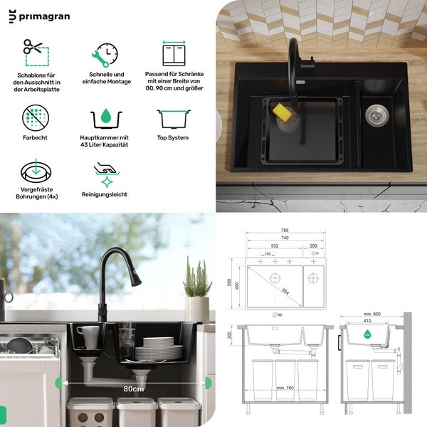 Primagran Küchenspüle mit Montagehinweisen und Maßangaben