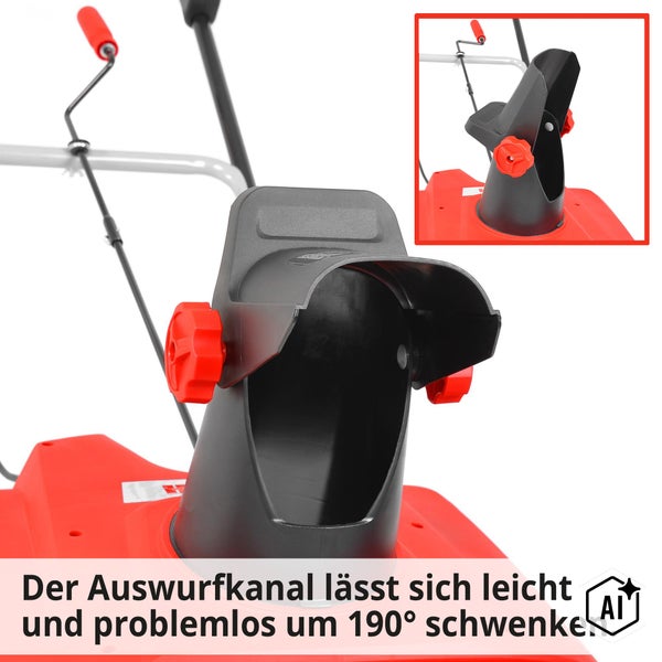Schneefräse mit um 190 Grad schwenkbarem Auswurfkanal und Bedienkurbel