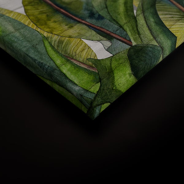 Leinwandbild mit botanischem Motiv und tropischen Blättern in Aquarelloptik als Wanddekoration