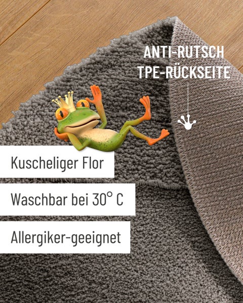 Badematte mit weichem Flor und rutschhemmender TPE-Rückseite, waschbar bei 30 Grad, für Allergiker geeignet.