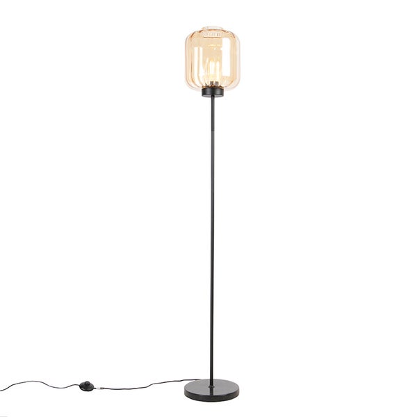 QAZQA - Design Stehleuchte I Stehlampe I Standleuchte I Lampe I Leuchte schwarz mit Braunglas - Qara I Wohnzimmer I Schlafzimmer - Länglich - LED geeignet E27