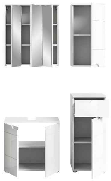Weißes Badezimmermöbel-Set bestehend aus Spiegelschrank, Waschbeckenunterschrank und zwei Seitenschränken mit Ablagen und Schublade.