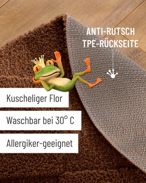 Maschinell getufteter Badteppich, robust und pflegeleicht, geprüfte Top-Qualität, mit Frosch-Maskottchen vor weicher Textur.