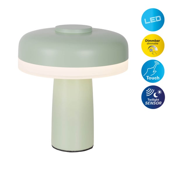Akku-Tischleuchte PILU, 16,5 cm hoch, oben Ø von 15 cm, Metall in Mint, weißer Kunststoff, integrierten LEDs,280 Lumen, dimmbar per Berührungssensor, warmweiß
