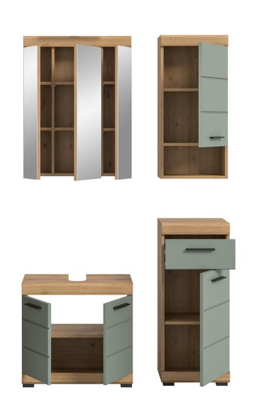 Badmöbel-Set in Holzoptik mit grünen Fronten, bestehend aus Spiegelschrank, Hängeschrank, Waschbeckenunterschrank und Hochschrank, alle geöffnet.