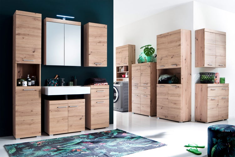 AmandaMando Bad Standtype Stauraum 4 Türen, 1 Schublade Eiche Dekor. 73 X 31 X 132 cm