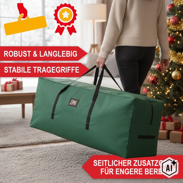 Eine Person trägt eine robuste Aufbewahrungstasche für Weihnachtsbäume mit stabilen Tragegriffen und einem seitlichen Griff in einem Wohnzimmer.