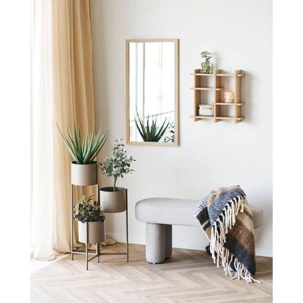 Helle und einladende Inneneinrichtung mit einem Spiegel, einer Bank, einem Regal, einer Pflanze und einem Überwurf