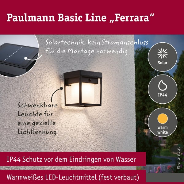 Paulmann Basic Line Ferrara Solar Wandleuchte mit schwenkbarem Kopf, IP44 Schutz und warmweißer LED Beleuchtung für den Außenbereich.