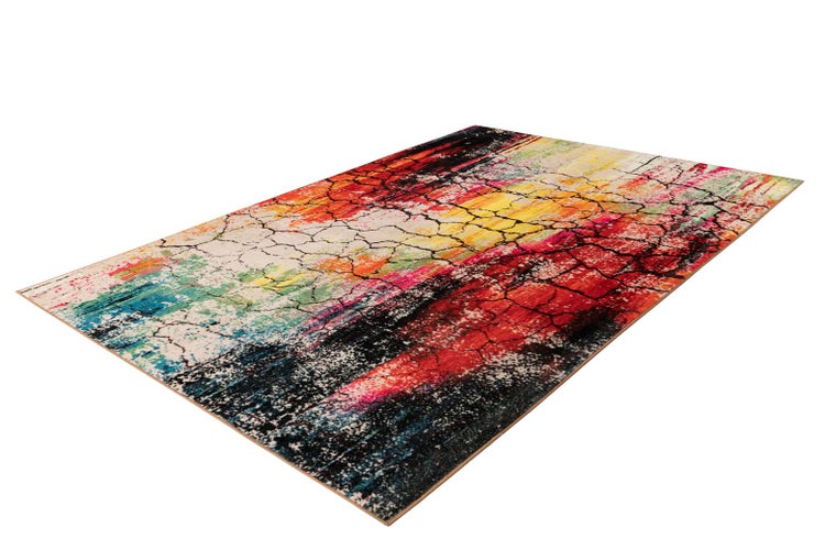 Sonnenschirm mit bunten Stofffeldern, weißen Fransen, Holzstiel und Knickgelenk.