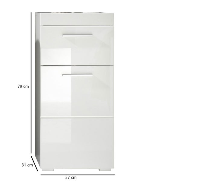AmandaMando Bad Standtype Stauraum 1 Tür, 1 Schublade weiß, weiß Hochglanz. 37 X 31 X 79 cm