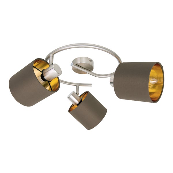 3er Wand- und  Deckenrondell MARON aus Metall satiniert-matt mit Stoffschirmen  in Braun, mit E14-Fassung, Lampe für Wohnzimmer, Esszimmer, Flur und Büro, 28,5 cm Durchmesser