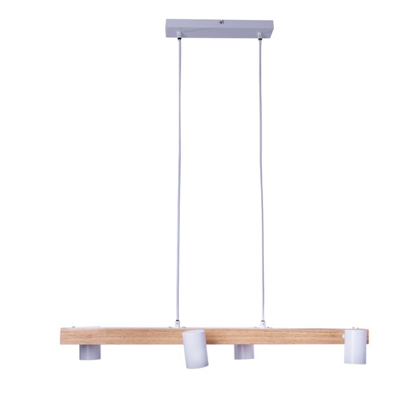 Hängelampe mit vier Strahlern und Holzbalken