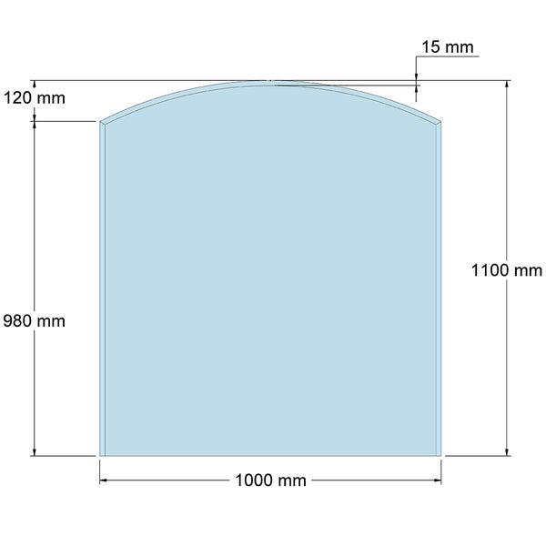 Technische Zeichnung Glasplatte mit Bogenoberkante, Breite 1000 Millimeter, Gesamthöhe 1100 Millimeter, Stärke 15 Millimeter.