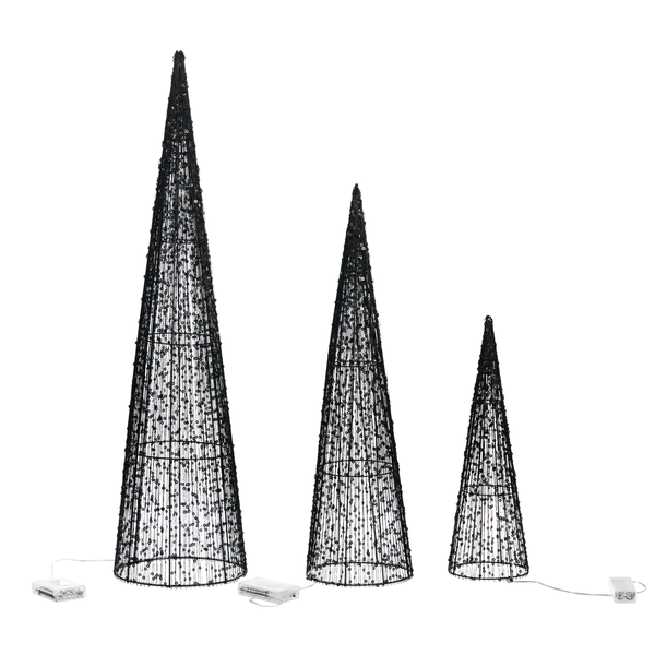 Drei dekorative Weihnachtsbäume aus Metall mit Beleuchtung