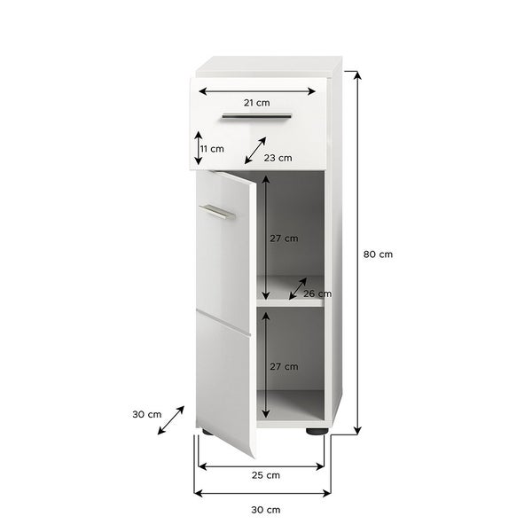 Ice Badschrank 1 Schublade 1 Tür weiß Hochglanz. 30 X 30 X 80 cm