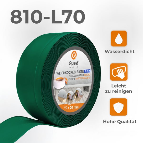 Quest Weichsockelleiste, Breite Sockelleiste 70 x 20 mm, PVC Knickleiste für Wand, Boden, Flexibel, Grün, 1 Meter