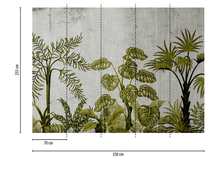 Fototapete mit tropischen Pflanzen, Palmen und Monstera auf Betonoptik, Maße 350 mal 255 Zentimeter, 5 Bahnen je 70 Zentimeter.