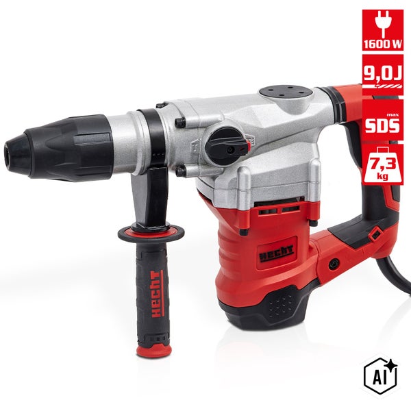 Hecht Elektro Bohrhammer mit 1600 Watt Leistung, SDS max Aufnahme, 9,0 Joule Schlagenergie und 7,3 Kilogramm Gewicht.